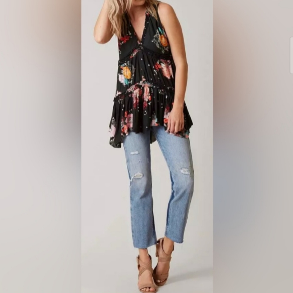 Free People High Low Haze Black Floral Sleeveless Tunic Top Tank Shirt XS Small